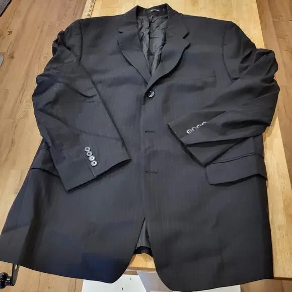 DKNY Black Pinstripe 100% Wool Suit jacket 32 Long 25 P2P